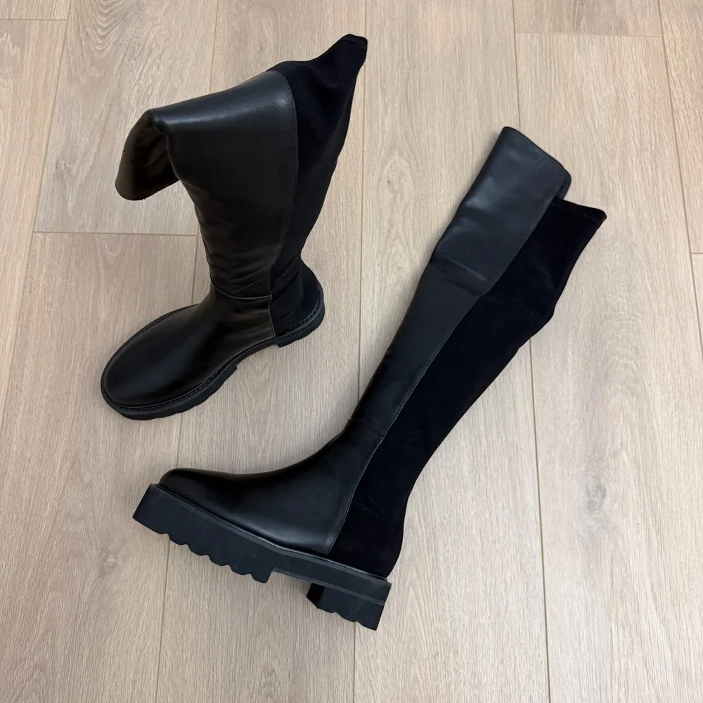 HH Stuart‎ Weitzman 5050 Lift Black Leather Over The Knee Lug Sole Boots 37 YL